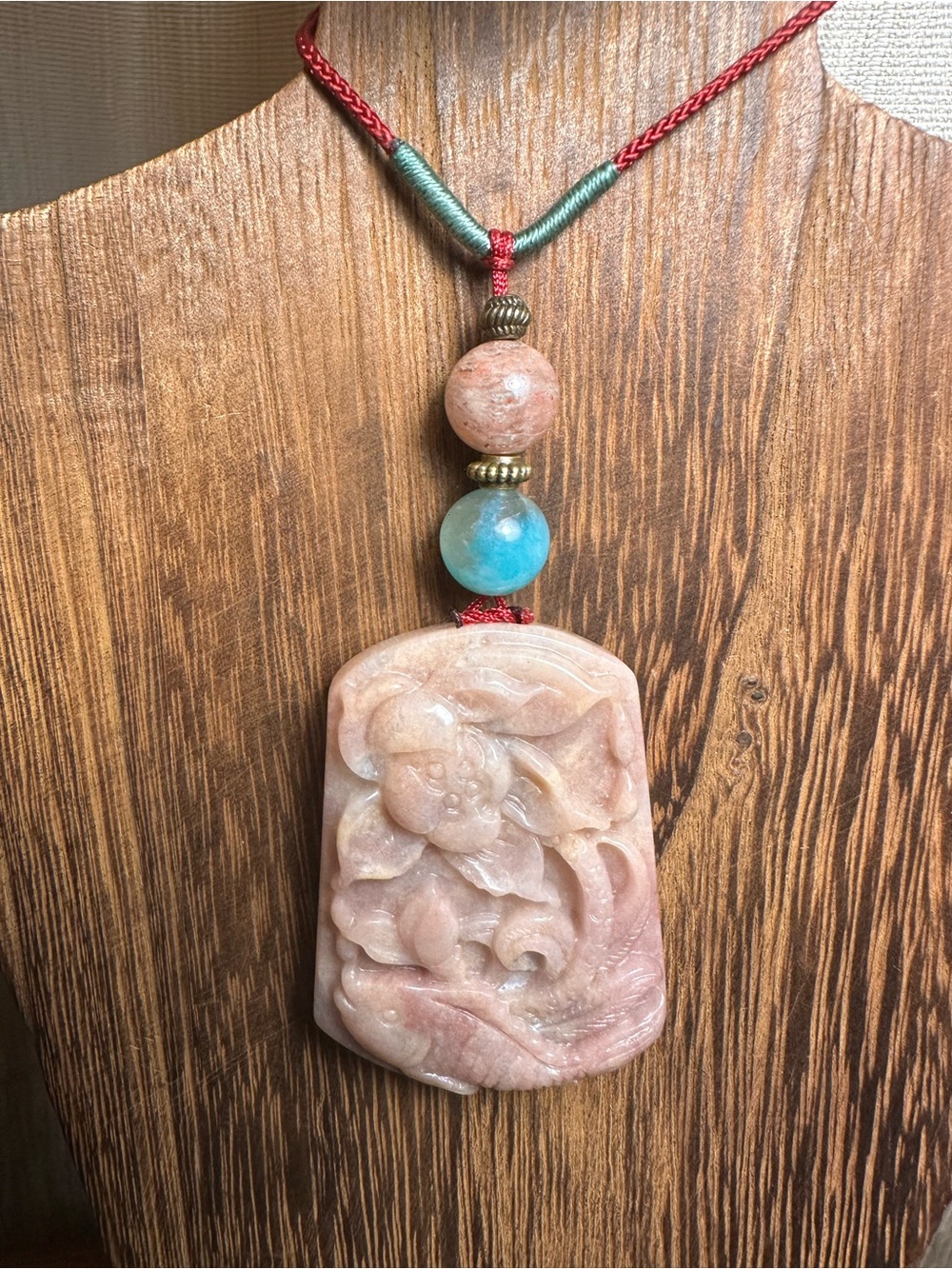 Large Rectangle Jade Flower and Fish Pendant Necklace on Maroon Adjustable Rope